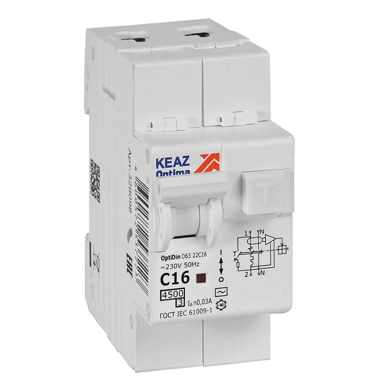 Выключатель автоматический дифференциального тока OptiDin D63-22C16-AC-У3 (2P, C16, 30mA, 4,5кА) | 328098 | КЭАЗ — фото
