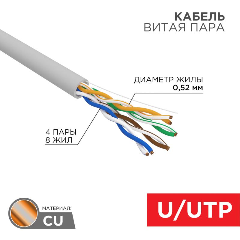 Кабель витая пара, U/UTP, CAT 5e, ZH нг(А)-HF, 4х2х0,52мм, 24AWG, INDOOR, SOLID, серый, 305м REXANT PRO | 02-0004 | REXANT — фото