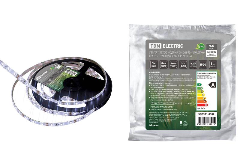 Лента светодиодная SMD2835-120 LED/м-IP20-12 В-9,6 Вт/м-6000 К (5 м) | SQ0331-0307 | TDM