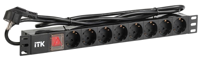 Блок розеток 19 (8шт)PDU с LED выключателем ПВХ 1U шнур 2м вилка DIN49440 (нем.станд) | PH12-8D1-P | ITK