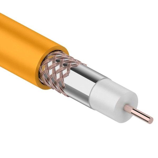 Кабель коаксиальный REXANT RG-6U+Cu нг(А)-HF, Cu/Al/Cu, 64%, 75 Ом, бухта 100 м, оранжевый|01-2654|Rexant — фото