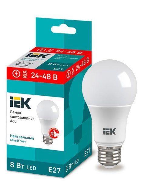 Лампа светодиодная низковольтная LED A60 груша 8Вт 24-48В 4000К E27 | LLE-A60-08-24-48-40-E27 | IEK — фото