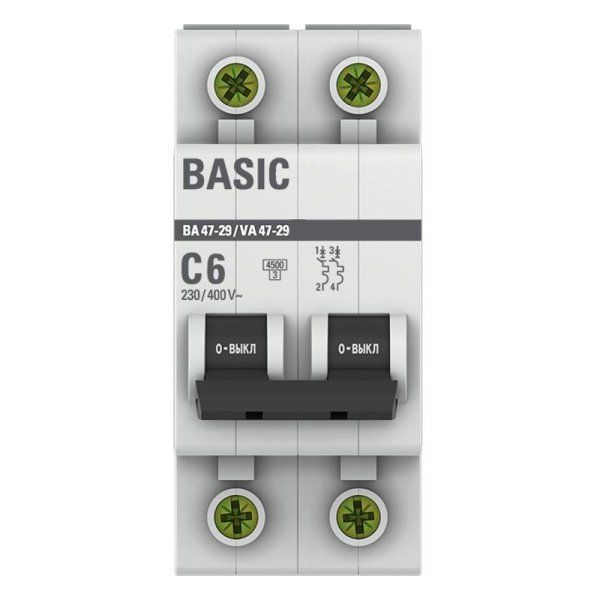 Выключатель автоматический двухполюсный ВА 47-29 6А C 4,5кА Basic | mcb4729-2-06C | EKF — фото