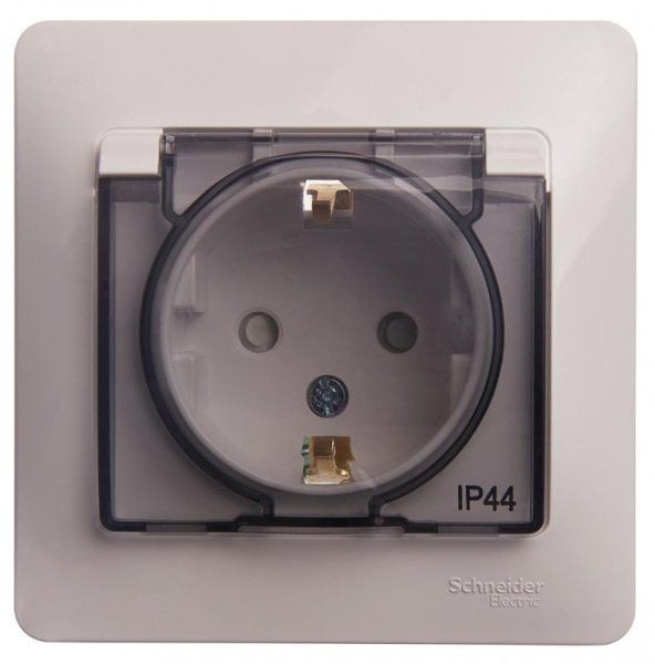 Glossa Белый Розетка с заземлением со шторками с крышкой, IP44 (в сборе с рамкой) | GSL000148 | SE — фото
