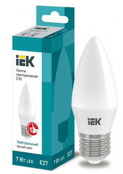 Лампа светодиодная LED 7Вт Е27 220В 4000К C35 свеча | LLE-C35-7-230-40-E27 | IEK — фото