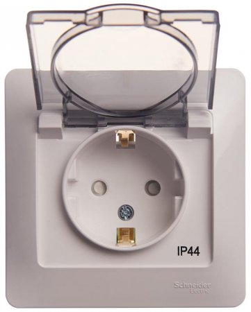 Glossa Белый Розетка с заземлением со шторками с крышкой, IP44 (в сборе с рамкой) | GSL000148 | SE — фото