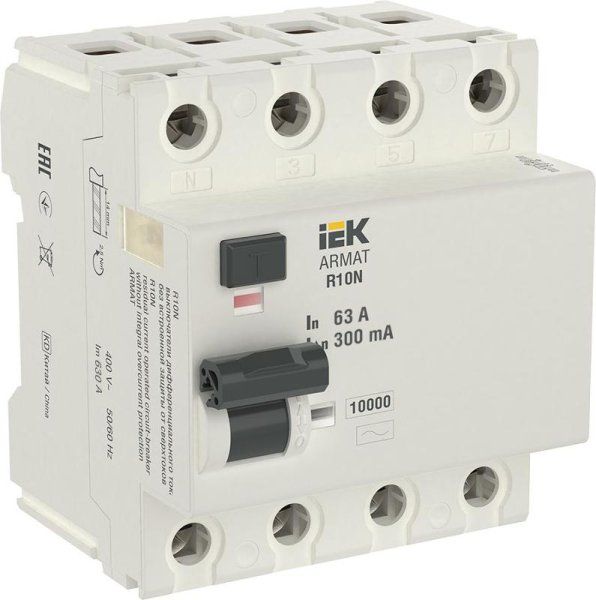 Выключатель дифференциальный (УЗО) R10N 4P 63А 300мА тип AC ARMAT | AR-R10N-4-063C300 | IEK — фото