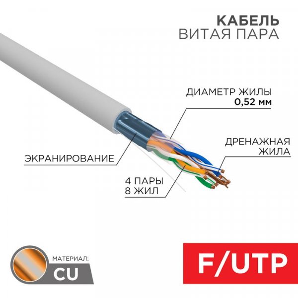 Кабель витая пара F/UTP, CAT 5e, PVC нг(А)-LS, 4х2х0,52мм, 4PR, 24AWG, INDOOR, SOLID, серый, 305м, РФ | 01-0141-R | REXANT — фото
