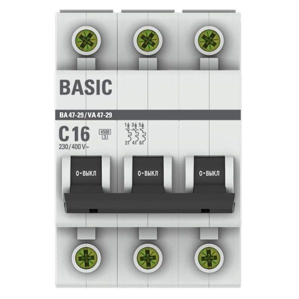 Выключатель автоматический трехполюсный ВА 47-29 16А C 4,5кА Basic | mcb4729-3-16C | EKF — фото