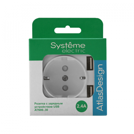 AtlasDesign Белый Розетка 16А с 2 USB A+A, 5В/2,4А, 2х5В/1,2А, механизм | ATN000130 | SE — фото
