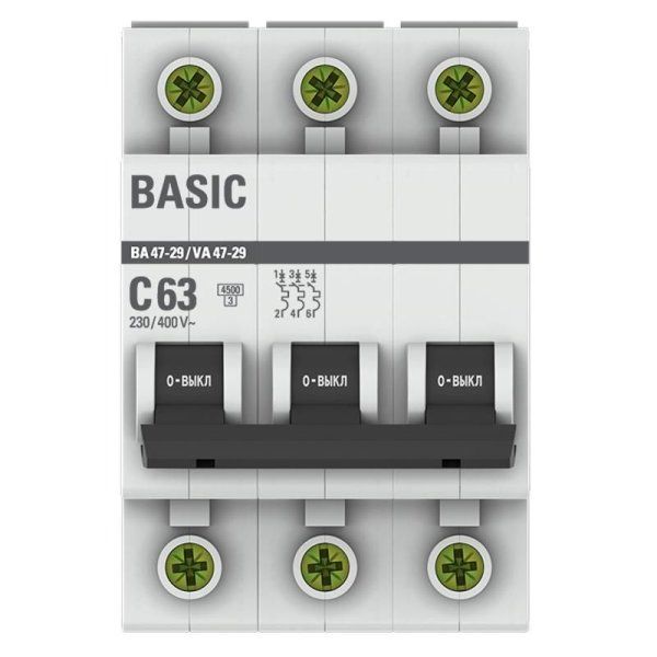 Выключатель автоматический трехполюсный ВА 47-29 63А C 4,5кА Basic | mcb4729-3-63C | EKF — фото