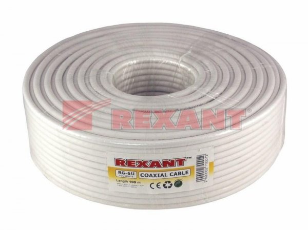 Кабель RG-6U+CU, (64%), 75 Ом, 100м., белый | 01-2221 | REXANT — фото